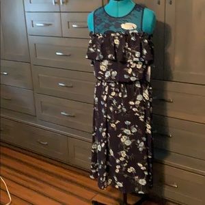 Navy off the shoulder midi length sheer dress, NWT